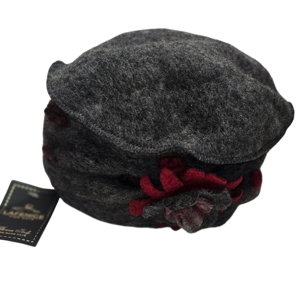 Gray and Red Wool Hat with Flower Accent